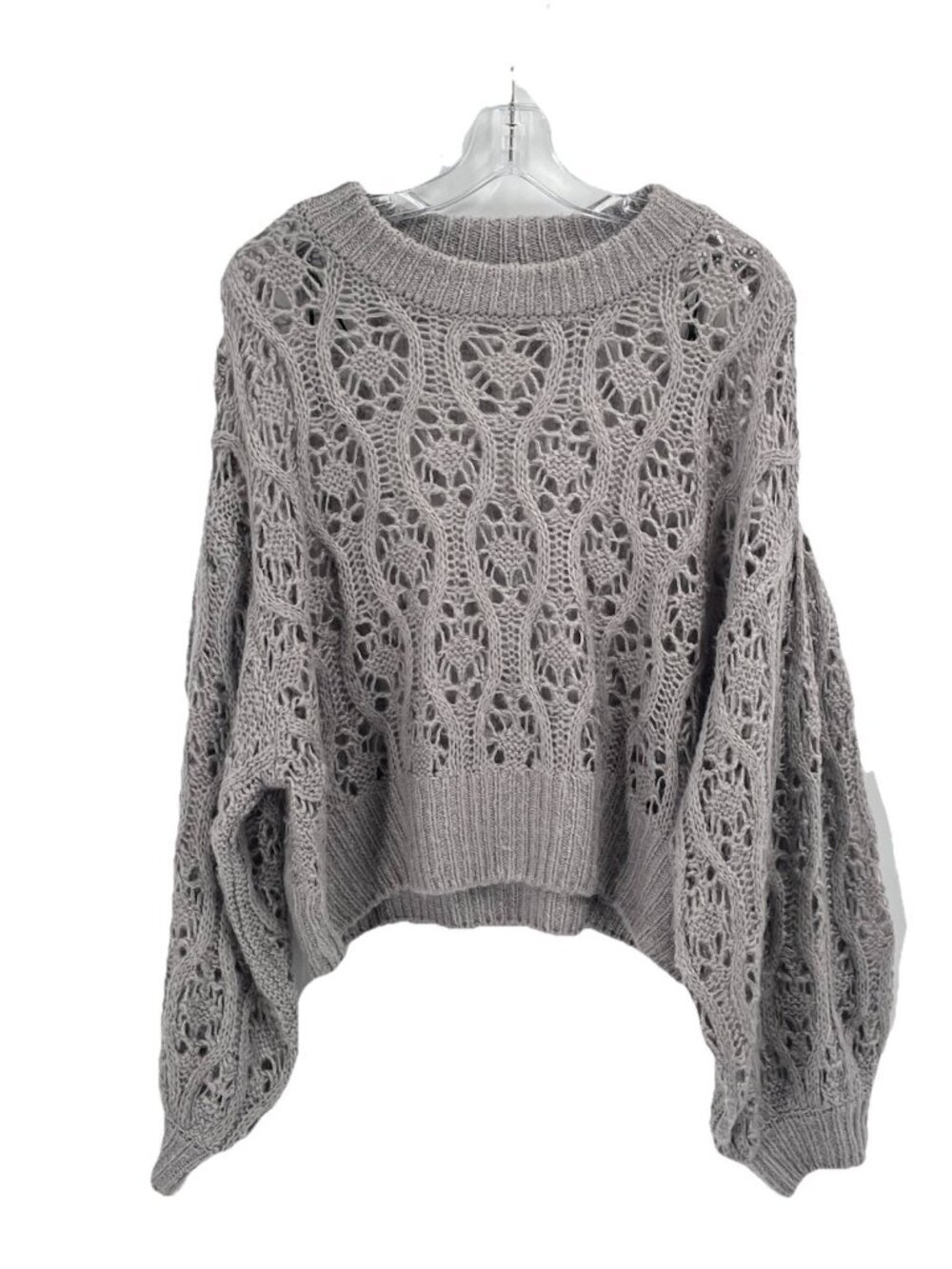 H&M Gray Open Cable Knit Cropped Sweater Balloon Sleeves Sz XL Grandpacore Cozy